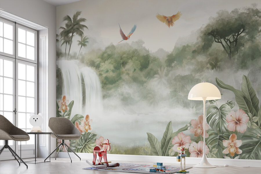 Wall murals Waterfall with birds flying over it