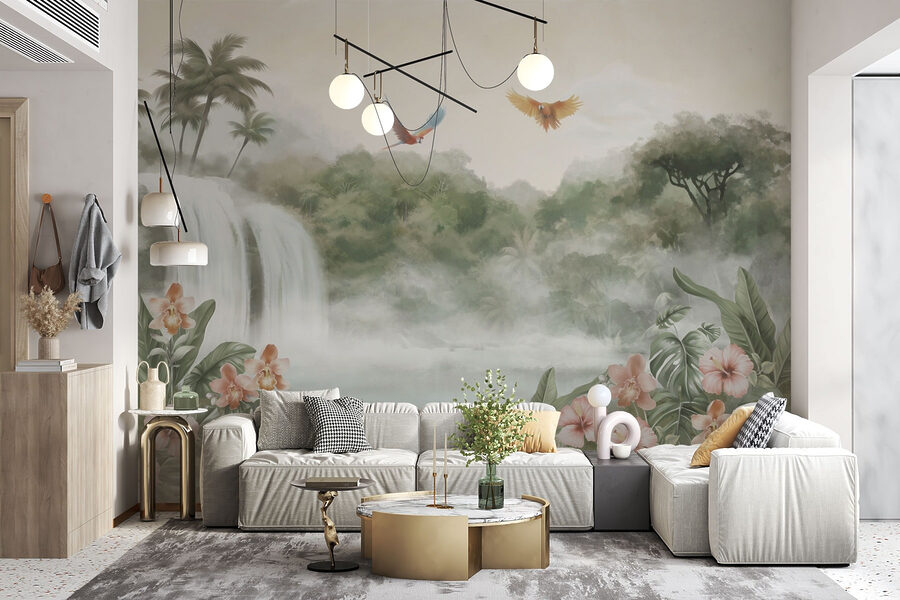 Wall murals Waterfall with birds flying over it - Image 4
