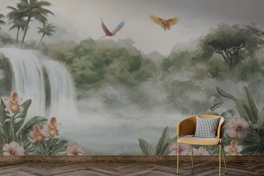 Wall murals Waterfall with birds flying over it - Image 5