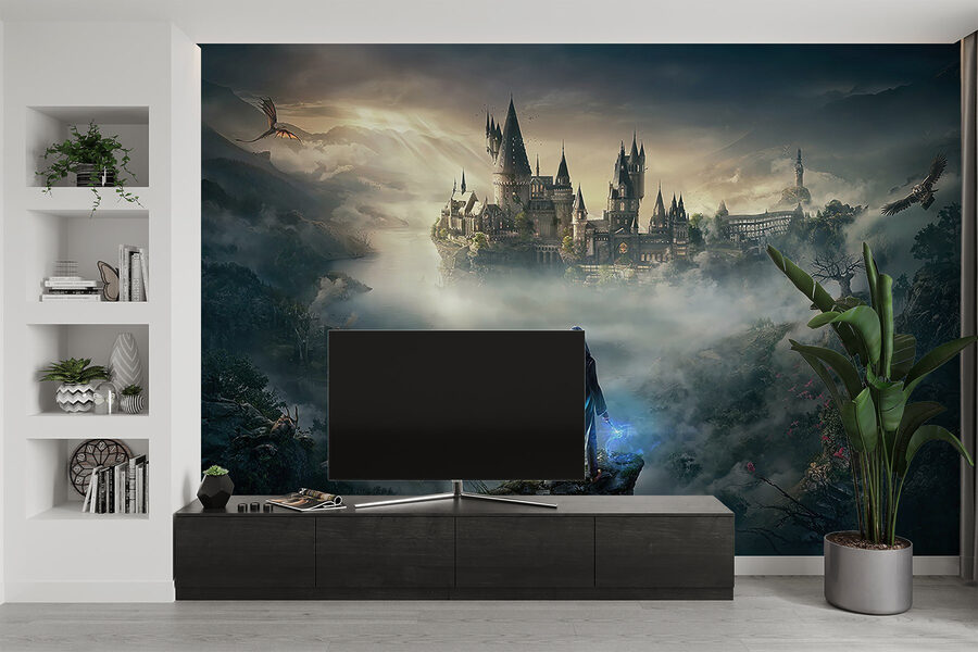 Wall murals Person standing on a cliff looking at a castle - Image 2