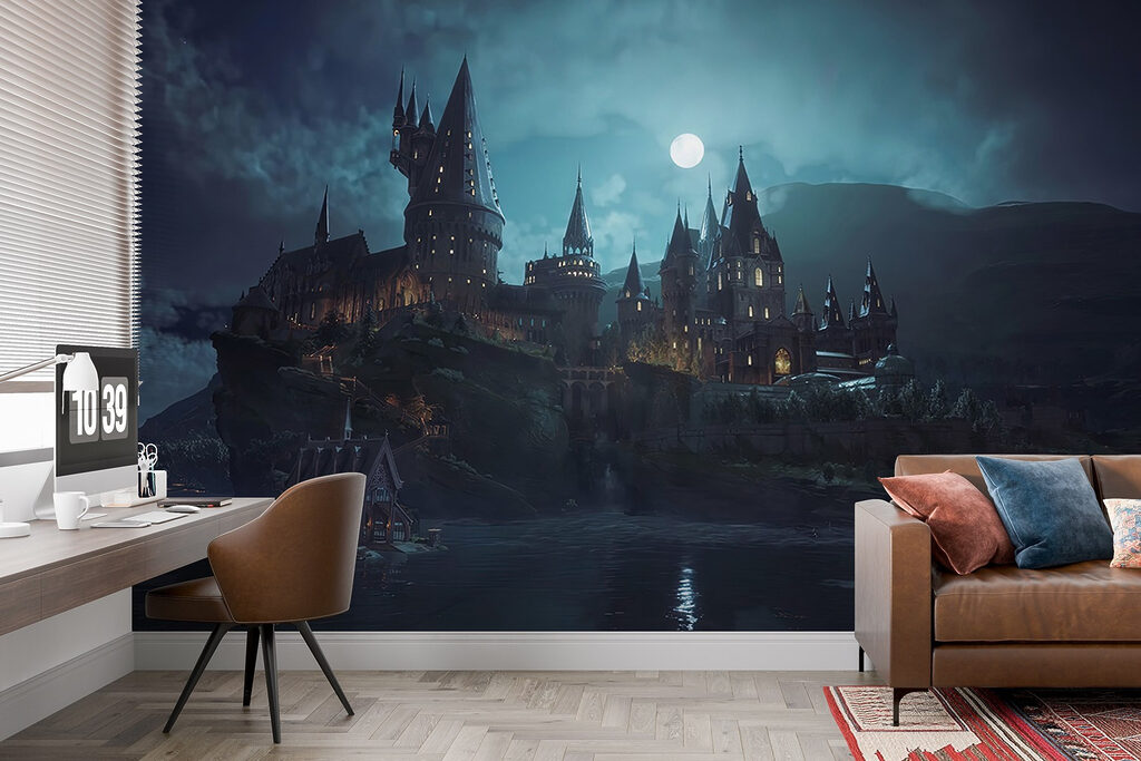 Castle on a hill with a moon in the sky