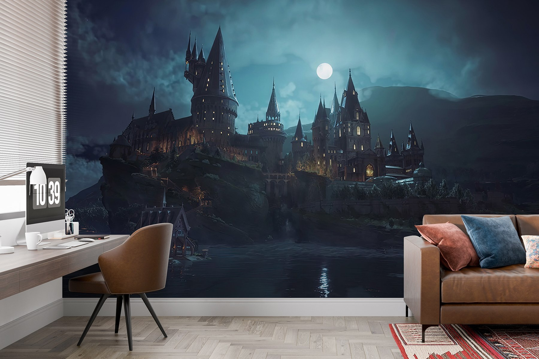 Castle on a hill with a moon in the sky