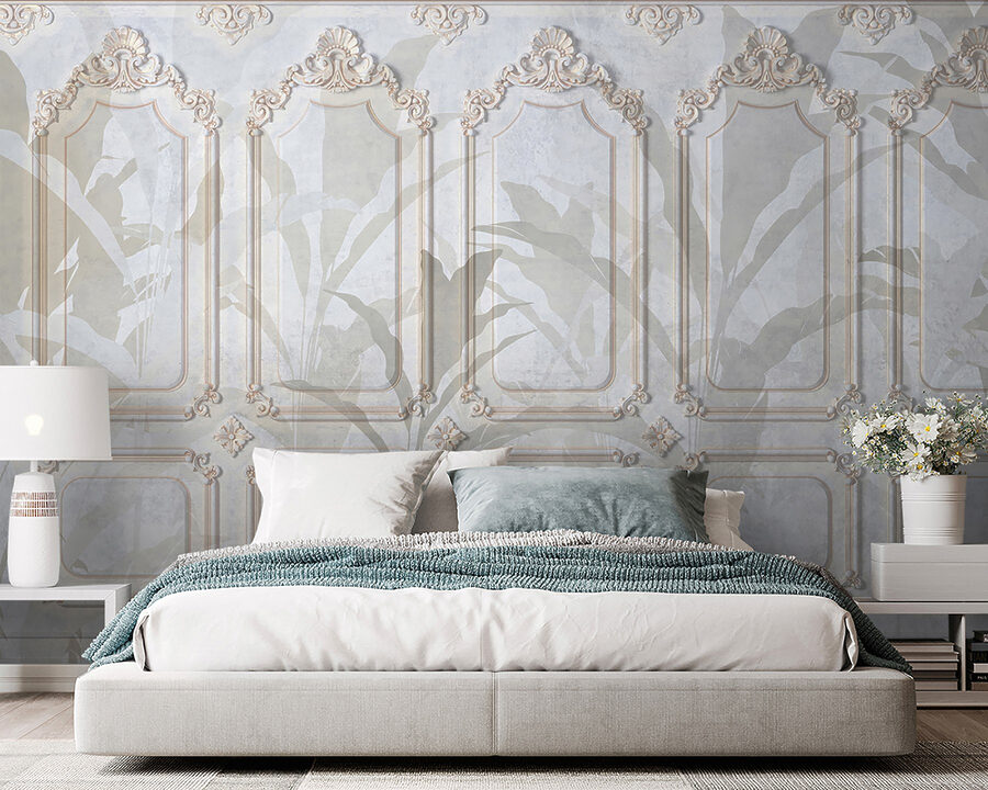 Wall with ornate white and brown designs