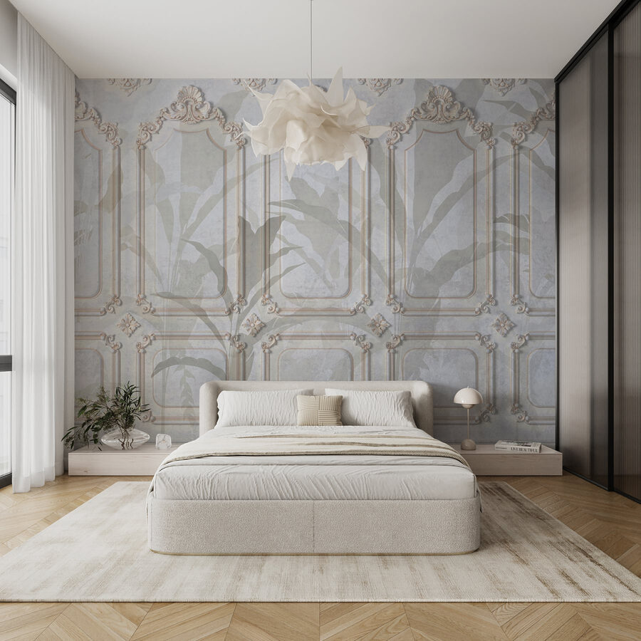 Wall with ornate white and brown designs