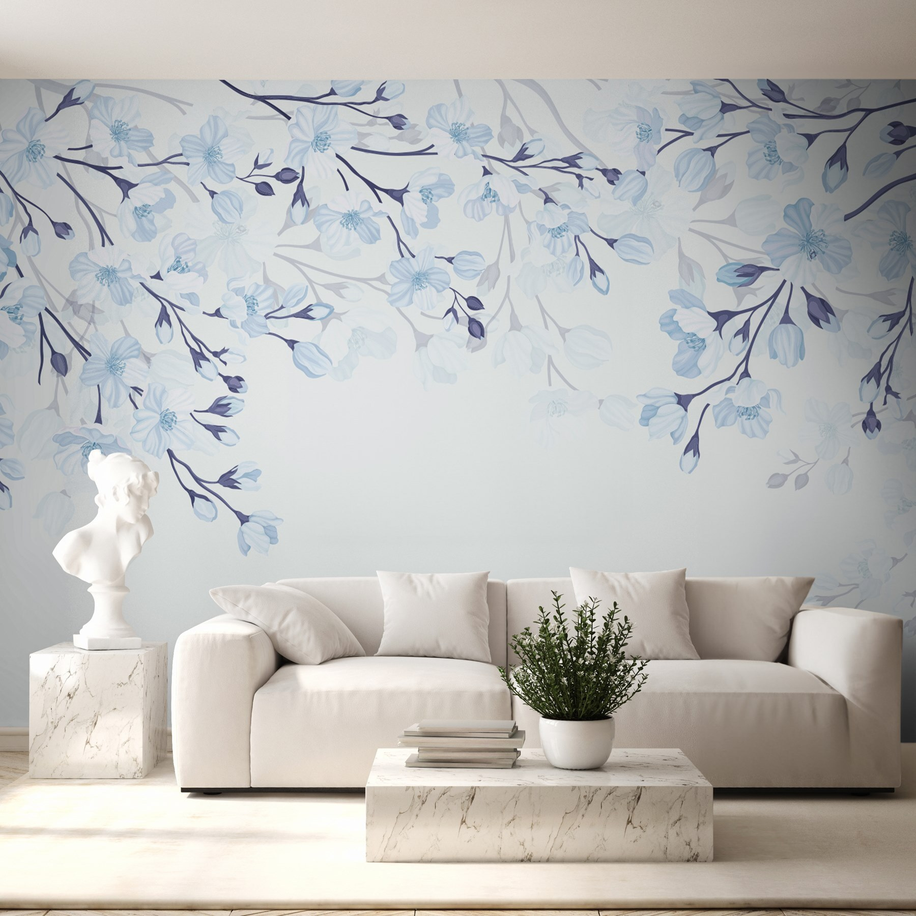 White and blue flowers on a white background