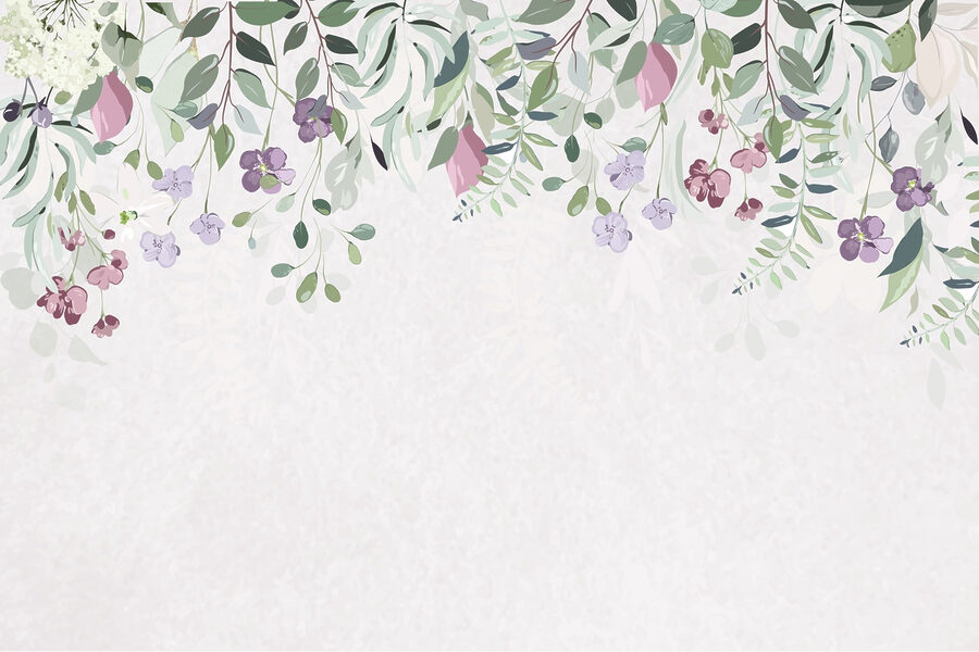 Floral border with purple flowers and leaves