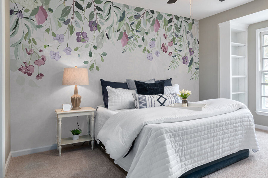 Floral border with purple flowers and leaves