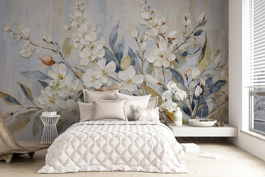 Painting of white flowers and leaves Painting of white flowers and leaves