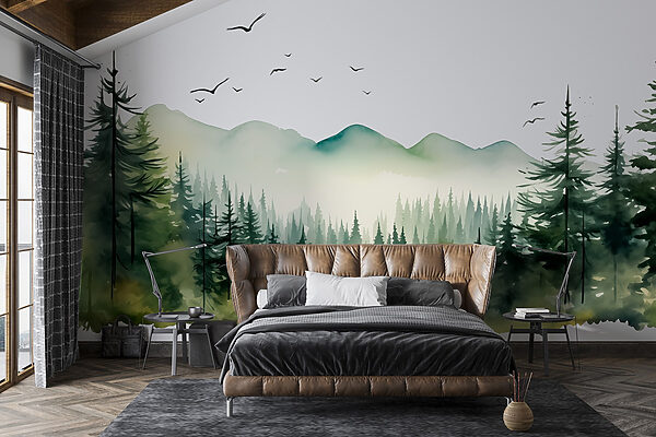 Watercolor of a forest and mountains Watercolor of a forest and mountains