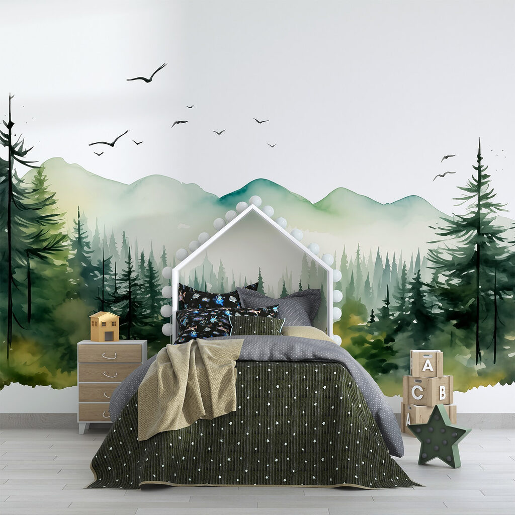 Watercolor of a forest and mountains