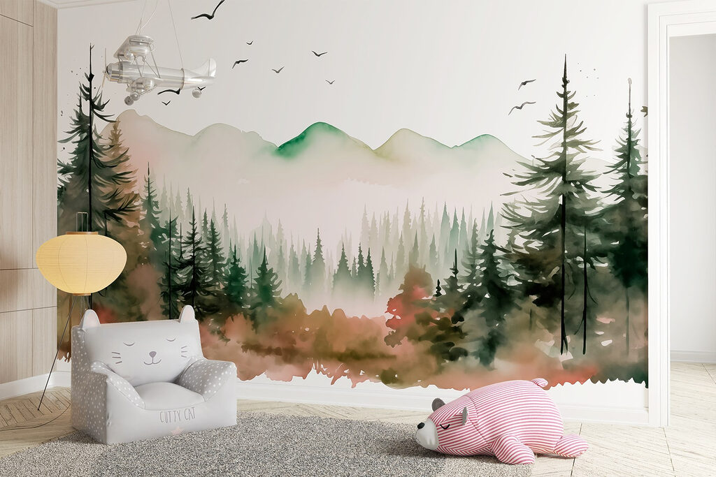 Watercolor painting of a forest and mountains