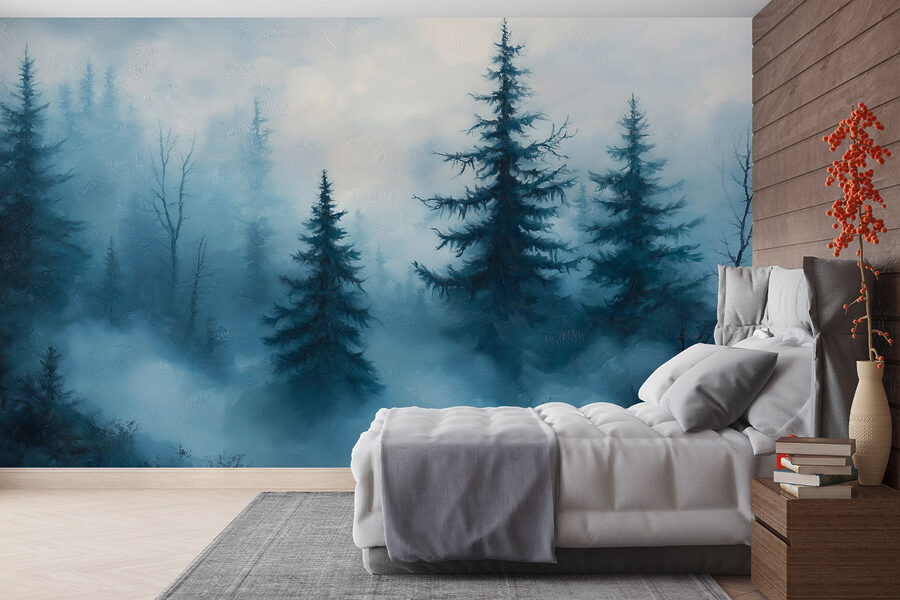 Foggy forest with trees