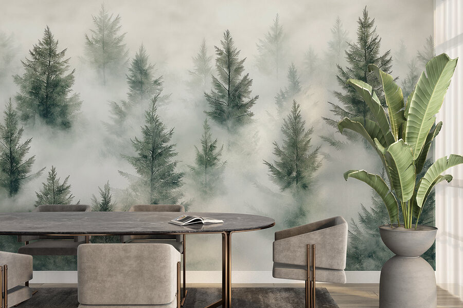 Wall murals Group of trees with fog - Image 5