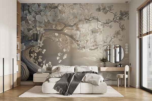 Wall murals Wall murals White tree with white flowers (SKU: w02133)
