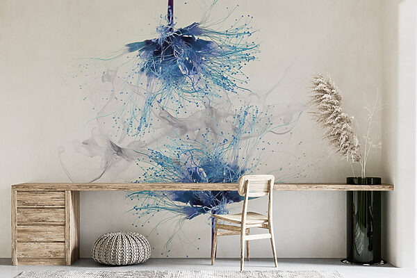 Blue flowers with white ink in the air