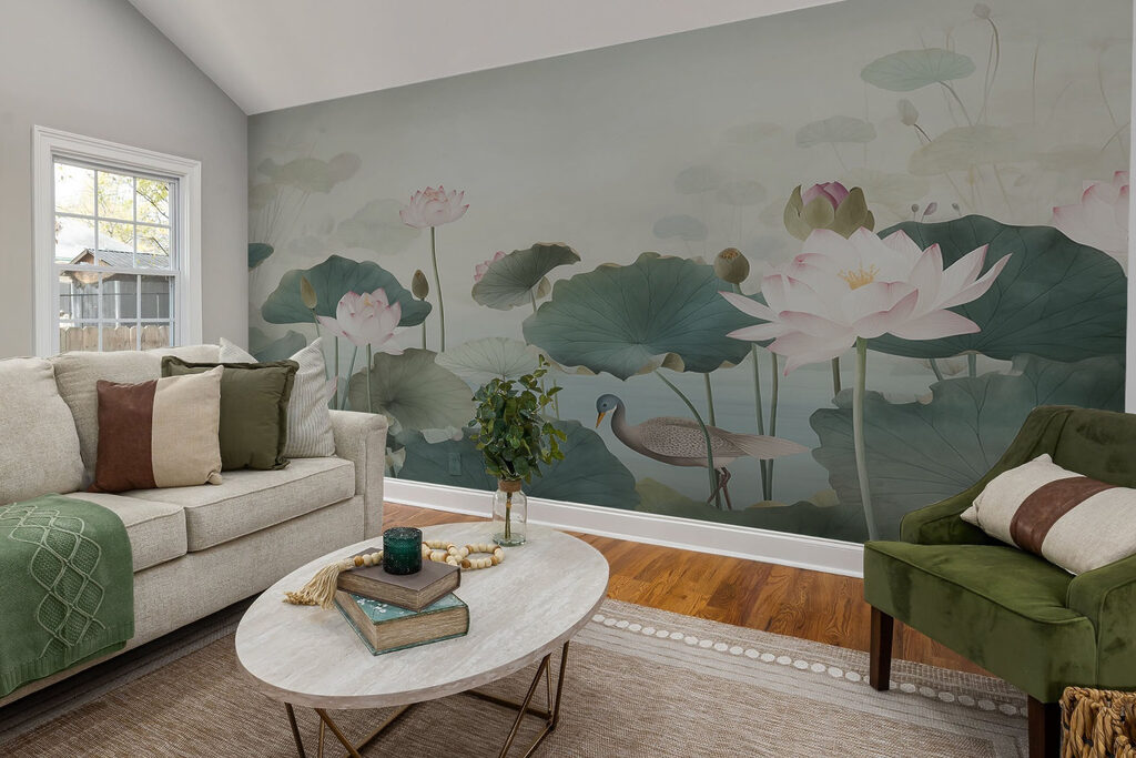 Duck in a pond with lotus flowers