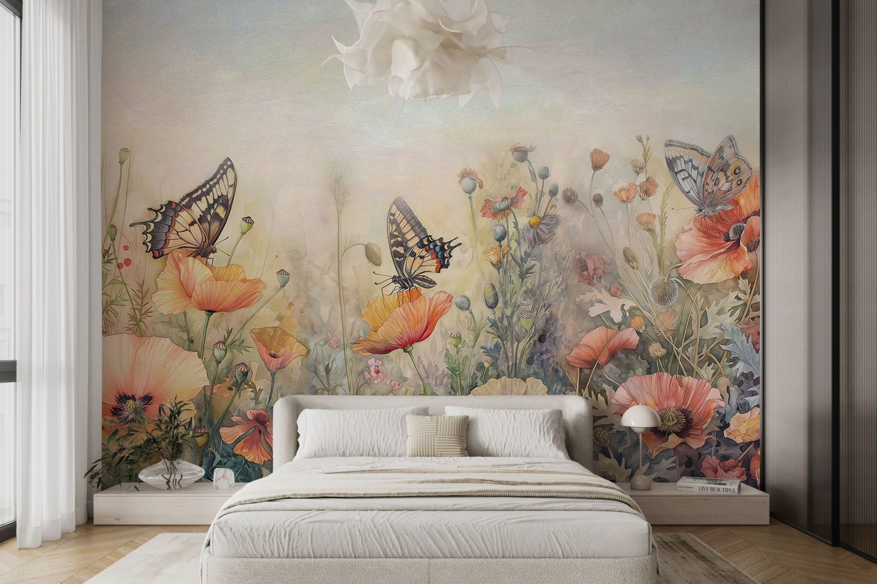 Butterflies on flowers in a field