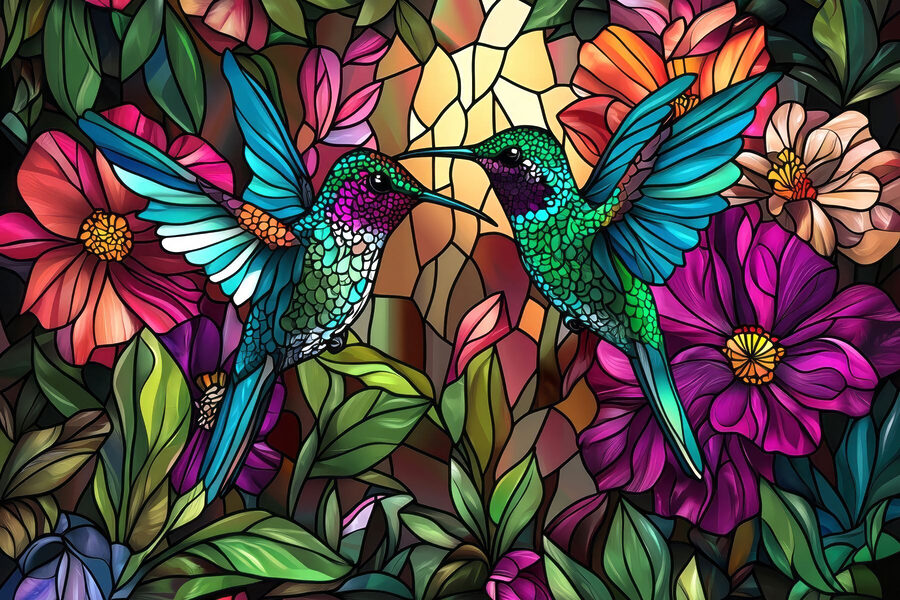 Wall murals Stained glass window with colorful birds - Image 4