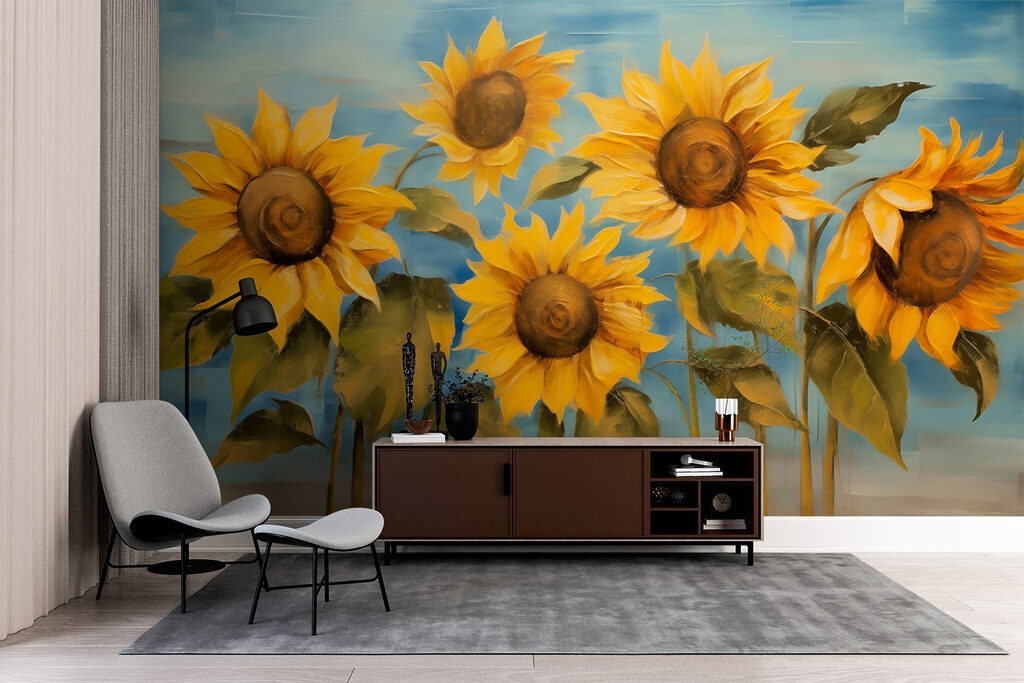 Painting of sunflowers on a wall