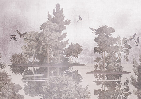 Birds flying over trees