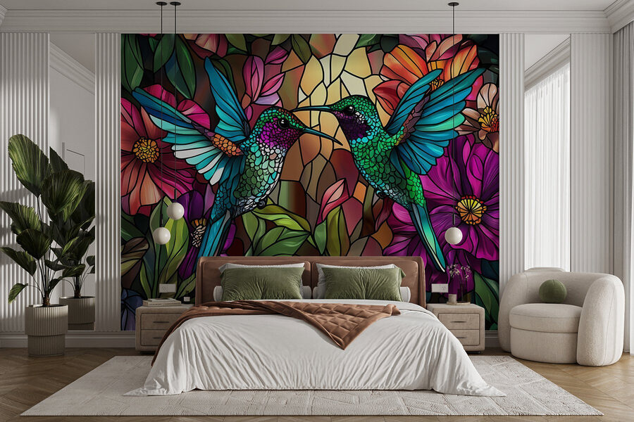 Wall murals Stained glass window with colorful birds