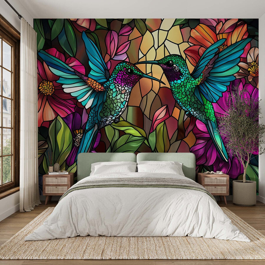 Wall murals Stained glass window with colorful birds - Image 2