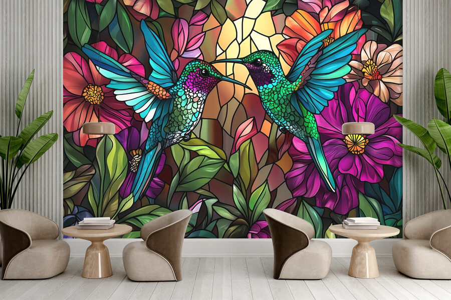 Wall murals Stained glass window with colorful birds - Image 3