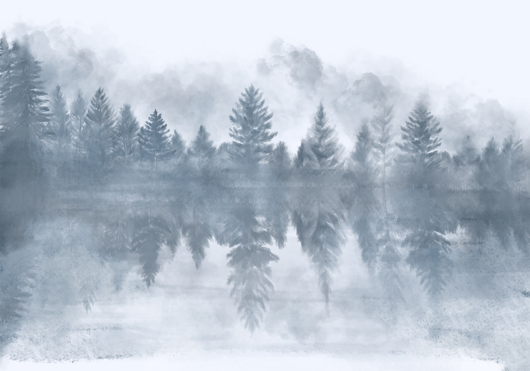 Foggy forest with trees reflected in water