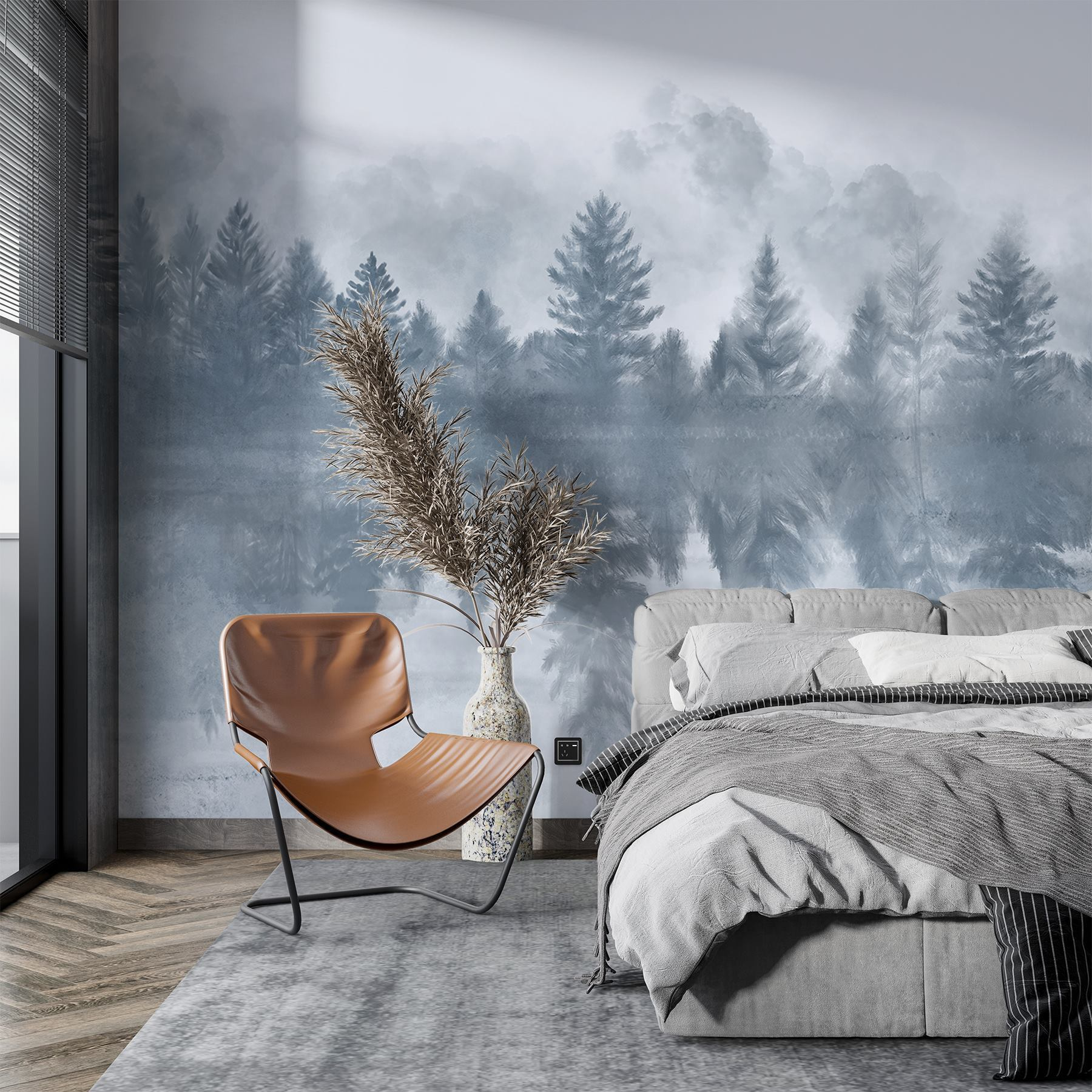 Foggy forest with trees reflected in water