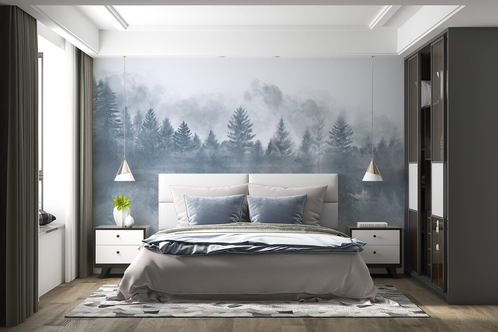 Foggy forest with trees reflected in water