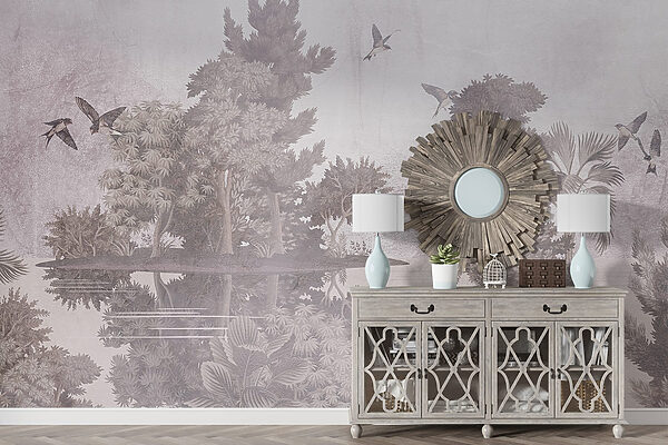 Birds flying over trees