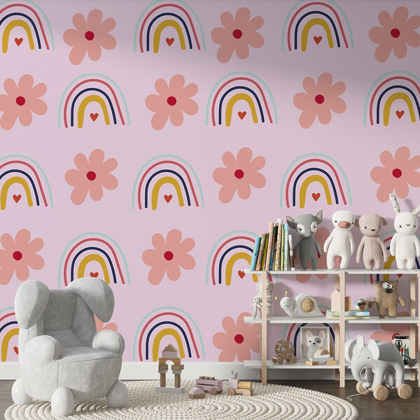 Pattern of flowers and rainbows