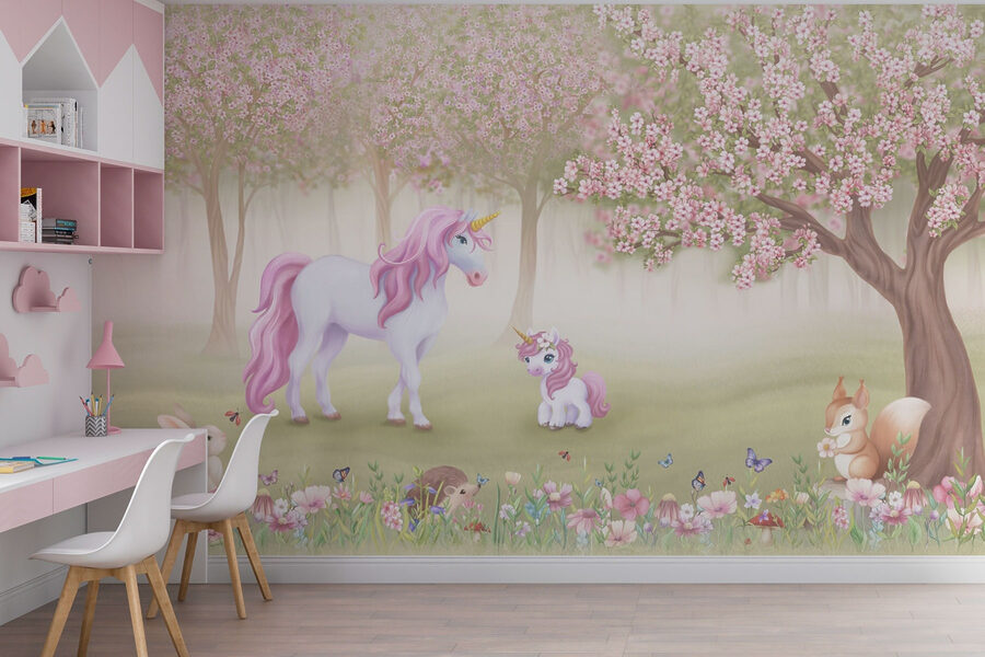 Wall murals Unicorn and a squirrel in a forest
