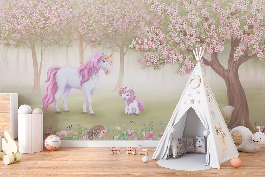 Unicorn and a squirrel in a forest