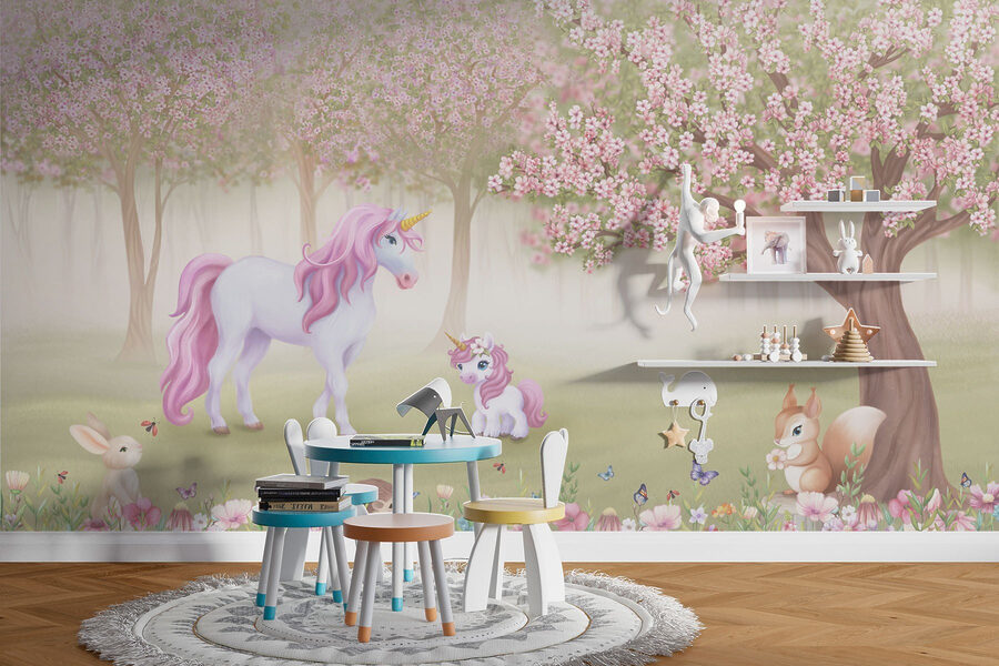 Wall murals Unicorn and a squirrel in a forest - Image 3