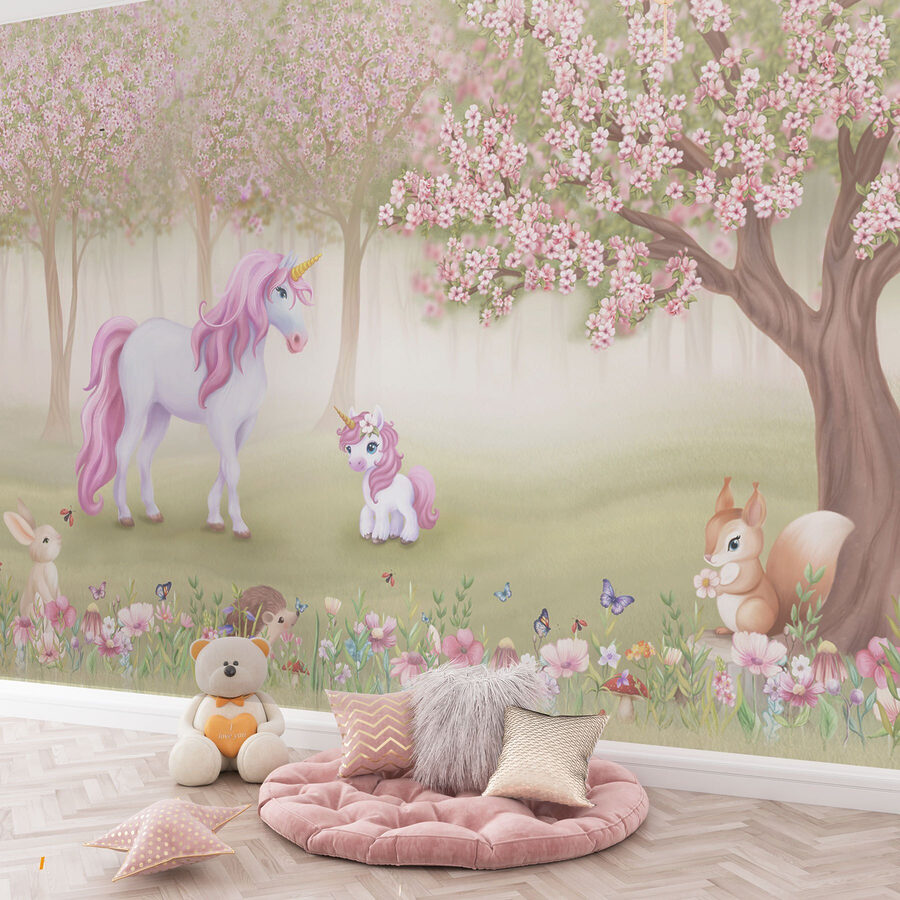 Wall murals Unicorn and a squirrel in a forest - Image 4