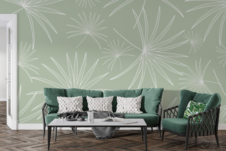 Wall murals Pattern of white leaves on a green background