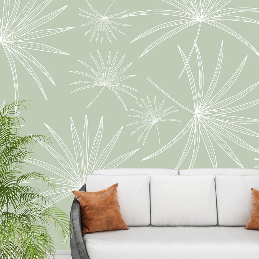Wall murals Pattern of white leaves on a green background - Image 2