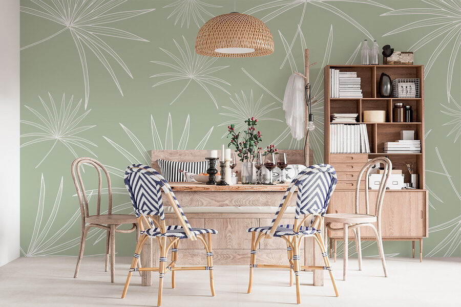 Wall murals Pattern of white leaves on a green background - Image 3