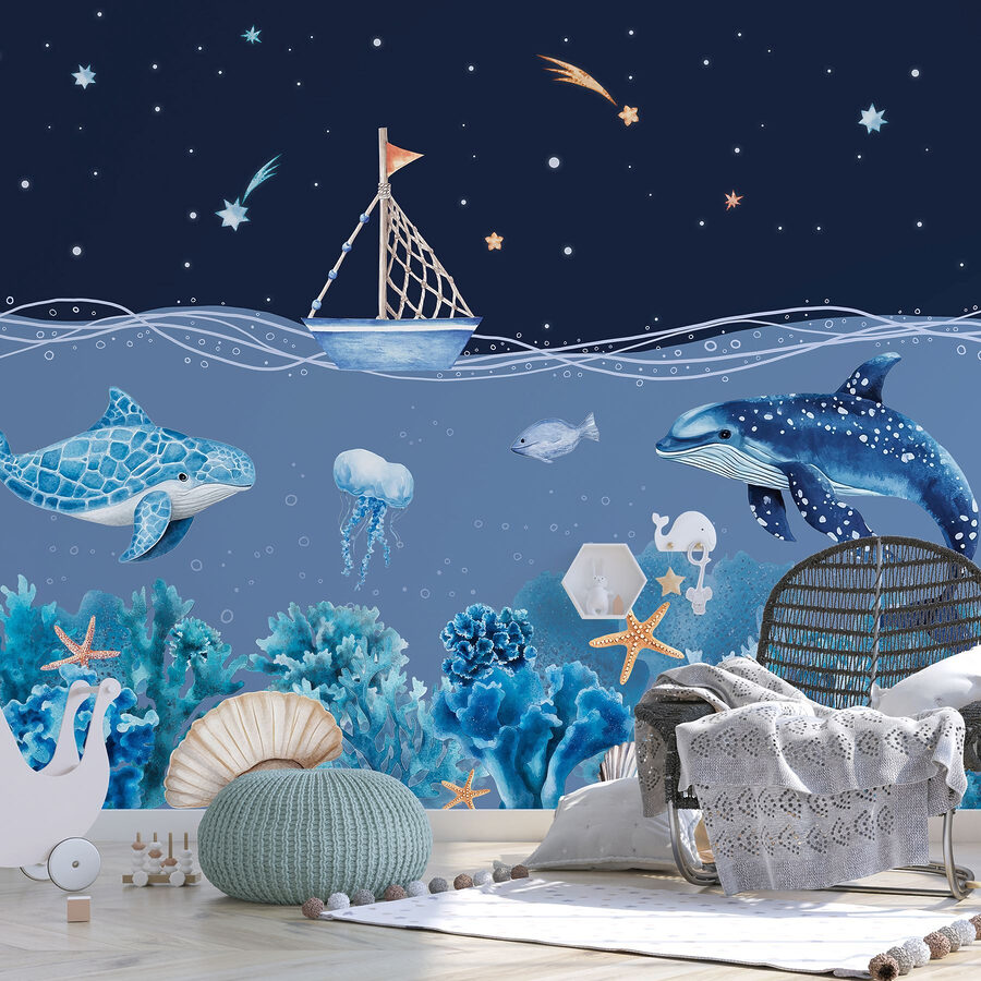 Sea life with a boat and a whale