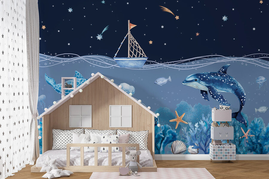 Sea life with a boat and a whale