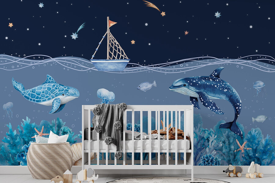 Sea life with a boat and a whale