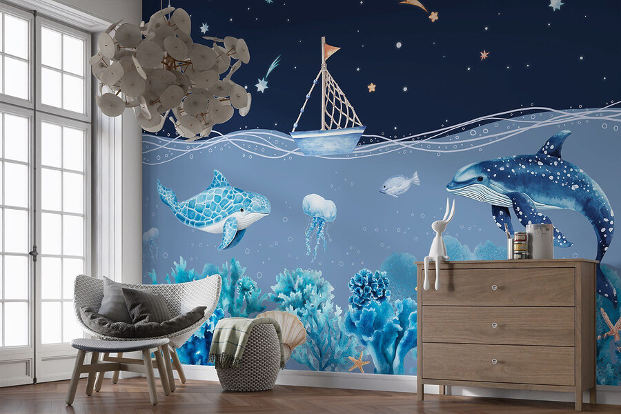 Sea life with a boat and a whale