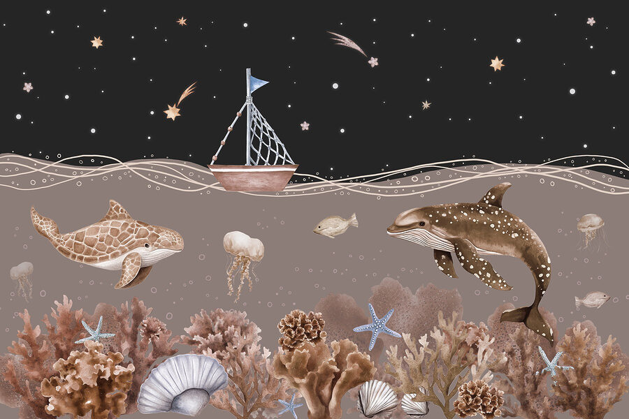 Sea life with a boat and a whale