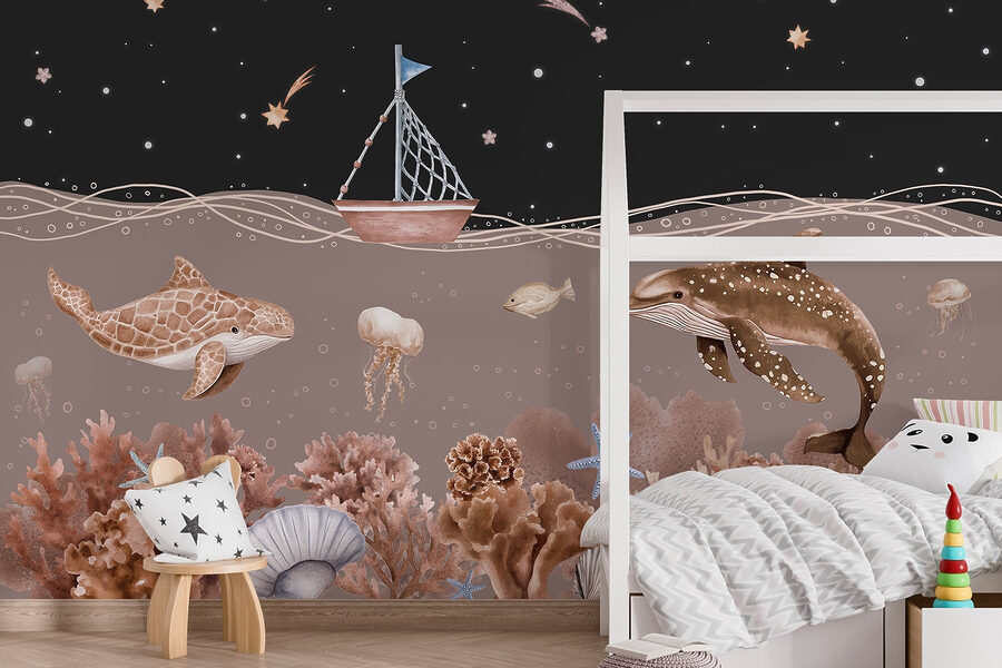 Sea life with a boat and a whale