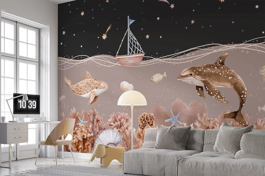 Sea life with a boat and a whale
