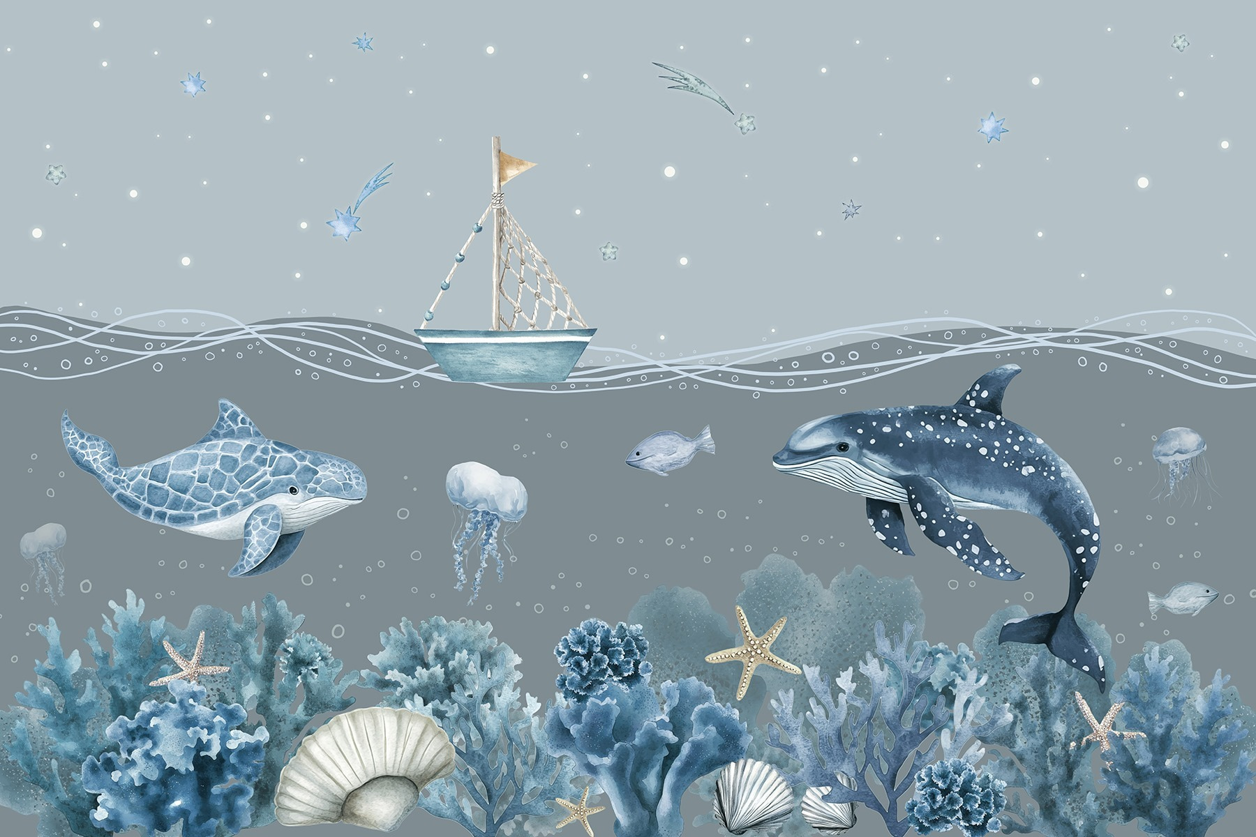 Sea life with a boat and fish