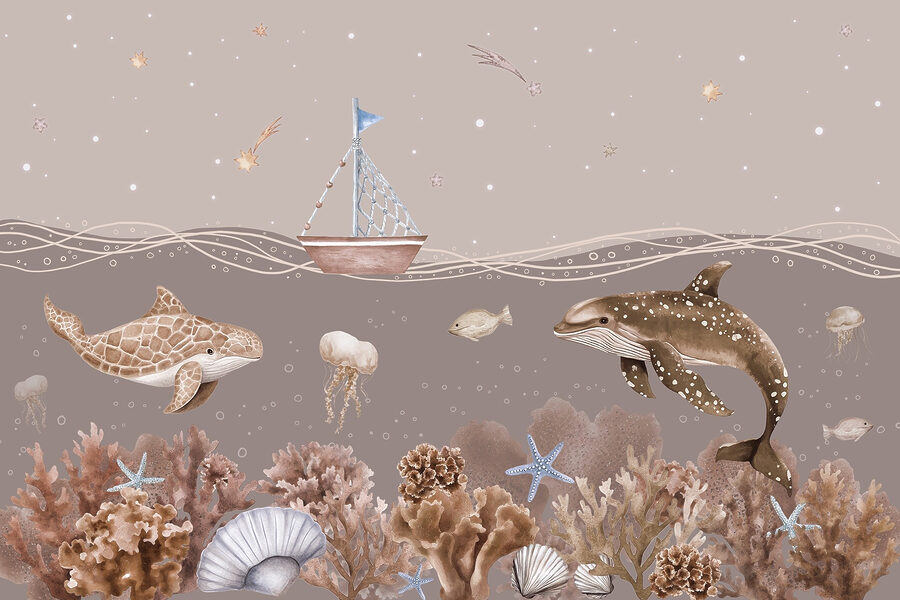 Sea life with a boat and fish