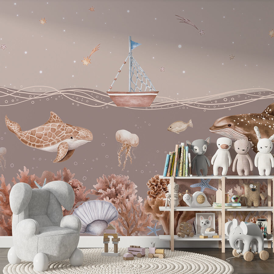 Sea life with a boat and fish