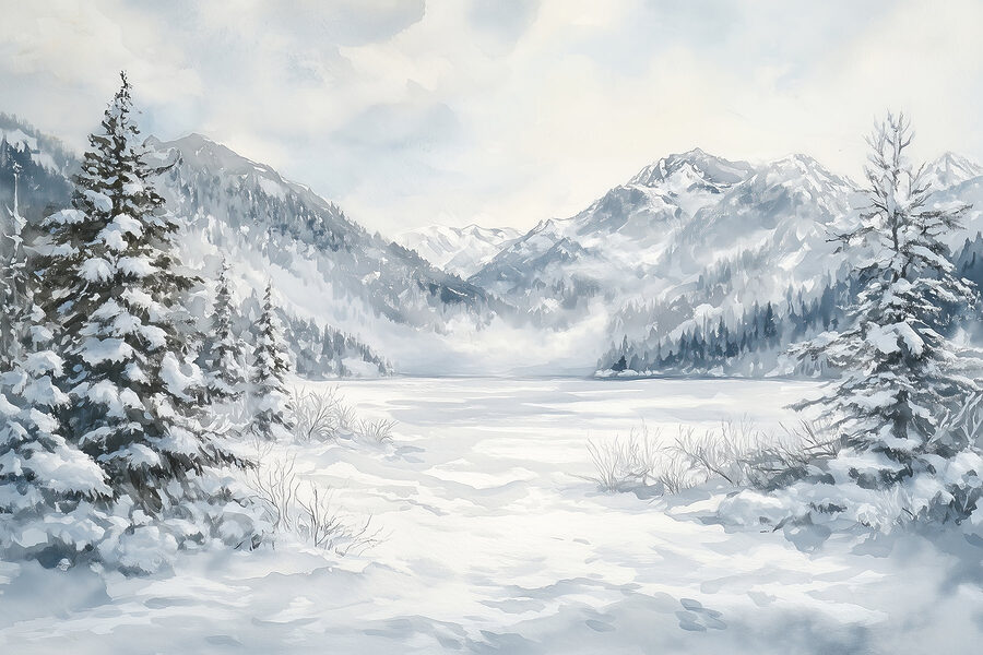 Snowy landscape with trees and mountains